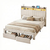 Beds & Bed Frames: Artiss King Upholstered Bed Frame with Shelf Storage Drawers Charging Station Mood Lighting Linen