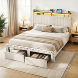 Beds & Bed Frames: Artiss Queen Upholstered Bed Frame with Shelf Storage Drawers Charging Station Mood Lighting Linen