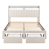 Beds & Bed Frames: Artiss Queen Upholstered Bed Frame with Shelf Storage Drawers Charging Station Mood Lighting Linen