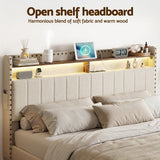 Beds & Bed Frames: Artiss Queen Upholstered Bed Frame with Shelf Storage Drawers Charging Station Mood Lighting Linen
