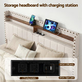 Beds & Bed Frames: Artiss Queen Upholstered Bed Frame with Shelf Storage Drawers Charging Station Mood Lighting Linen