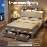 Beds & Bed Frames: Artiss Queen Upholstered Bed Frame with Shelf Storage Drawers Charging Station Mood Lighting Linen