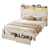 Beds & Bed Frames: Artiss Queen Upholstered Bed Frame with Shelf Storage Drawers Charging Station Mood Lighting Linen