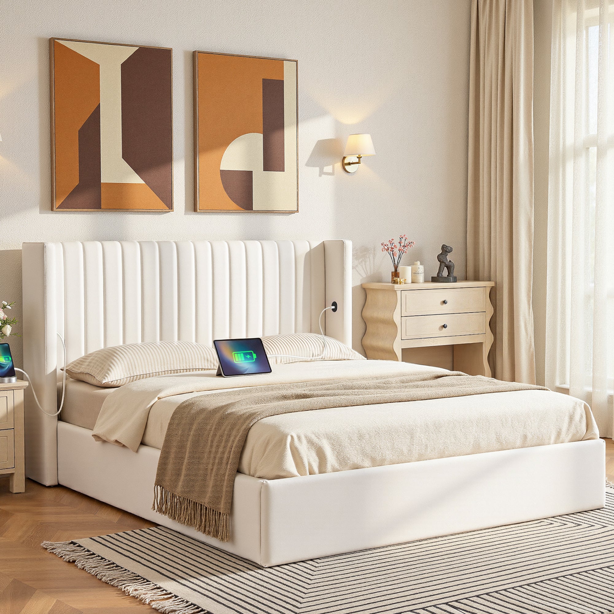 Beds & Bed Frames: Artiss Double Bed Frame with Gaslift Storage USB Type-C Charging Ports Velvet Upholstery White