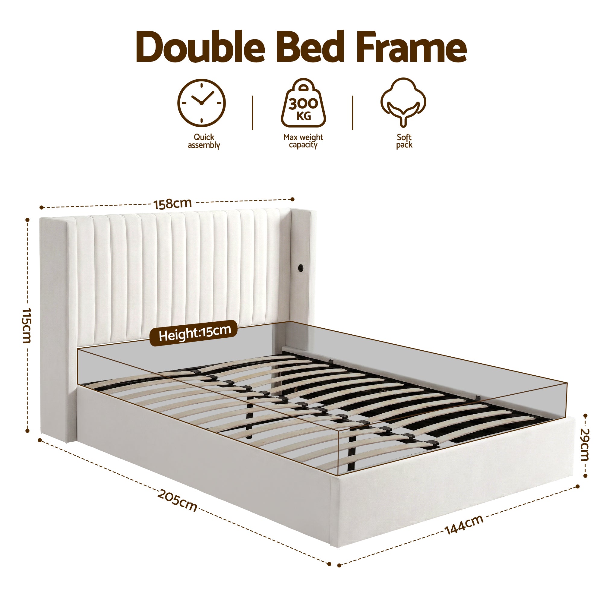 Beds & Bed Frames: Artiss Double Bed Frame with Gaslift Storage USB Type-C Charging Ports Velvet Upholstery White