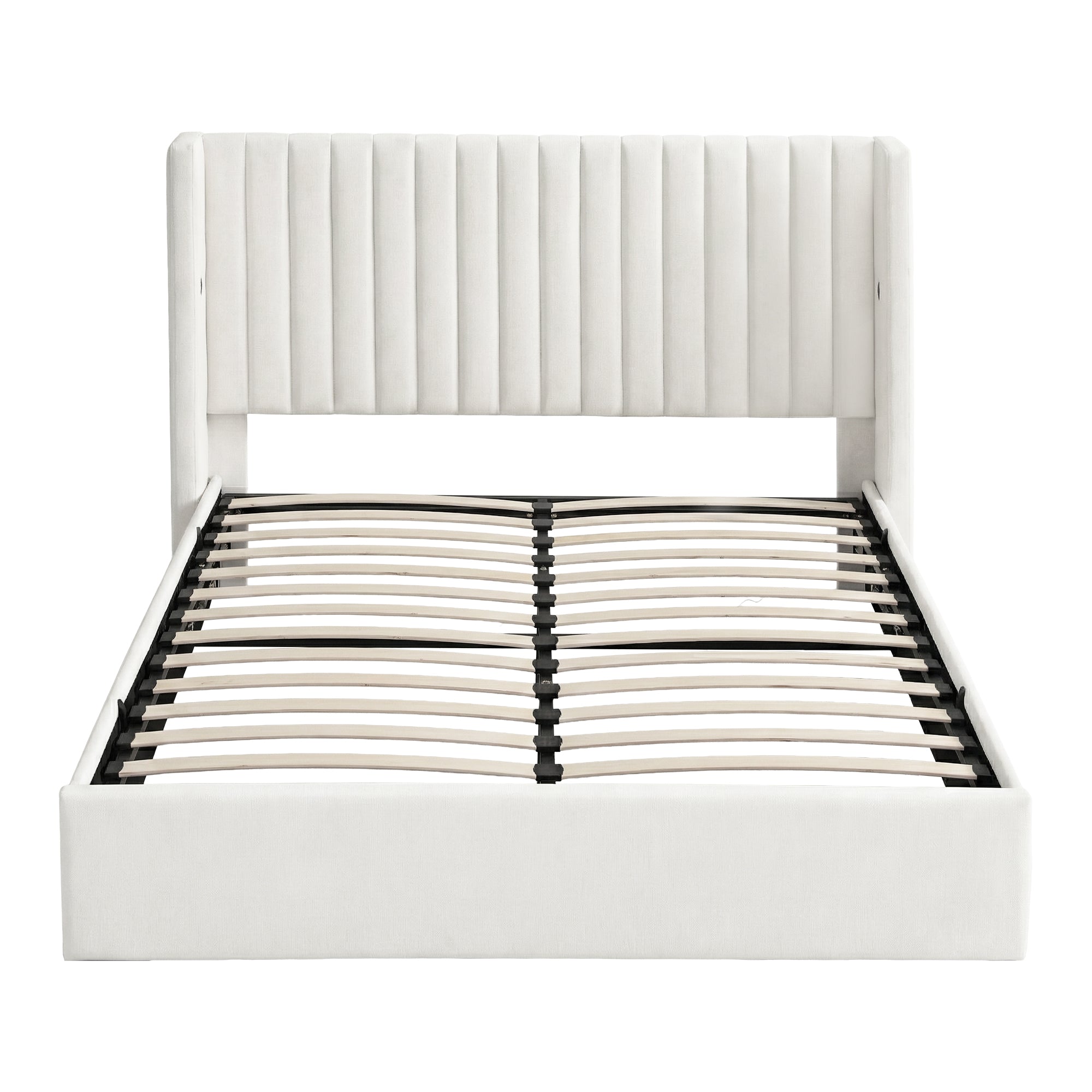Beds & Bed Frames: Artiss Double Bed Frame with Gaslift Storage USB Type-C Charging Ports Velvet Upholstery White