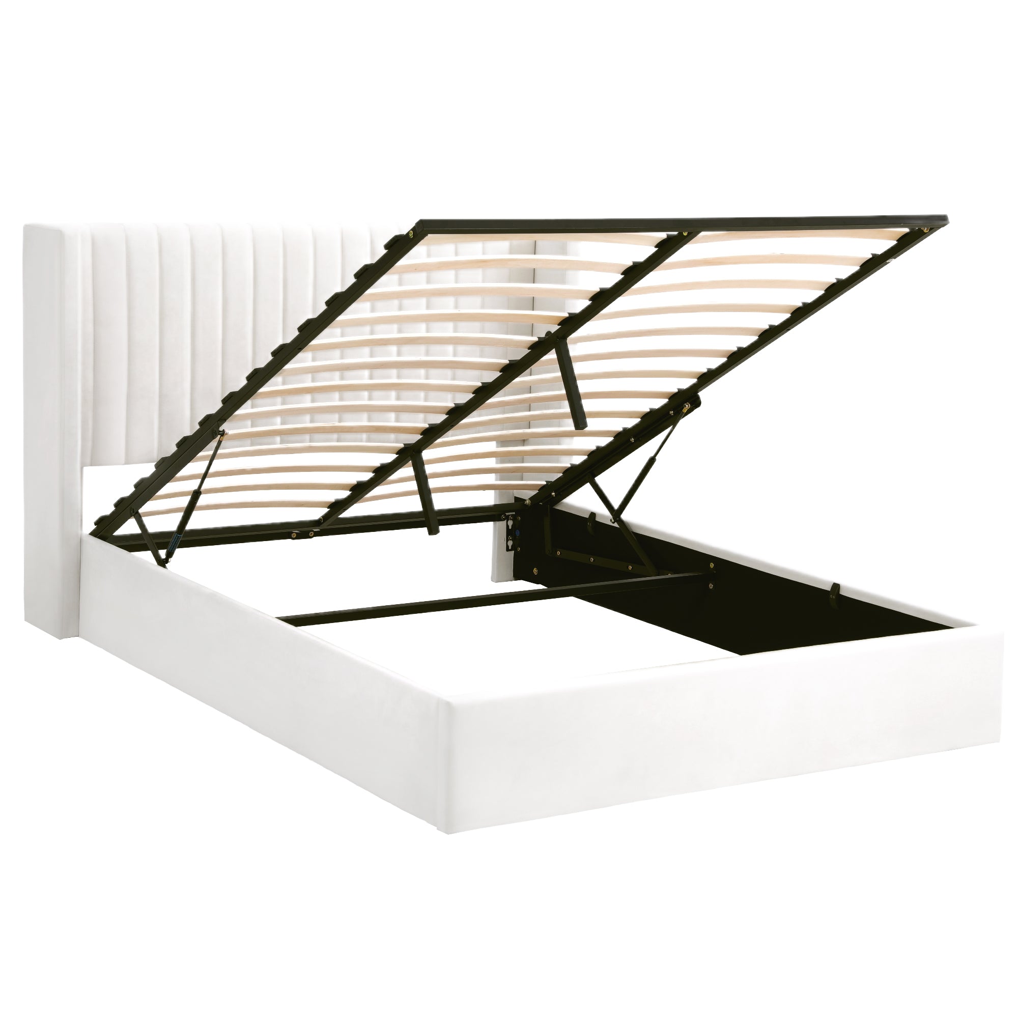 Beds & Bed Frames: Artiss Double Bed Frame with Gaslift Storage USB Type-C Charging Ports Velvet Upholstery White