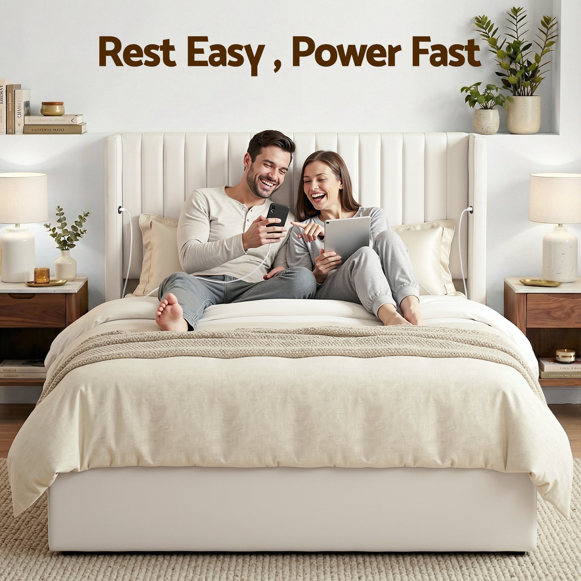 Beds & Bed Frames: Artiss Double Bed Frame with Gaslift Storage USB Type-C Charging Ports Velvet Upholstery White