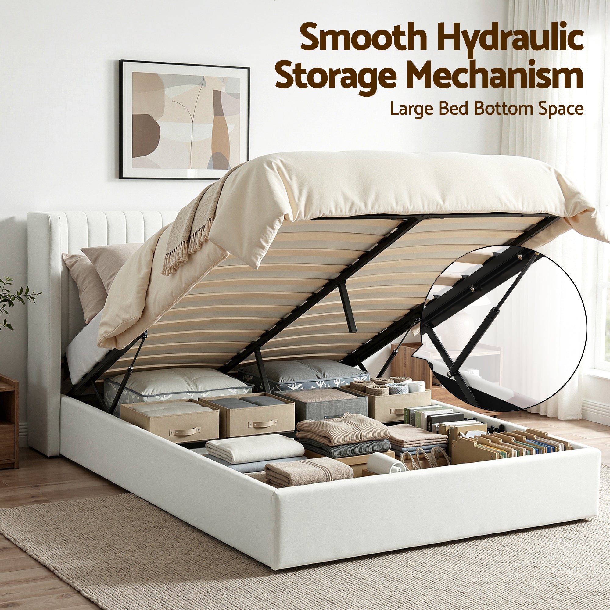 Beds & Bed Frames: Artiss Double Bed Frame with Gaslift Storage USB Type-C Charging Ports Velvet Upholstery White