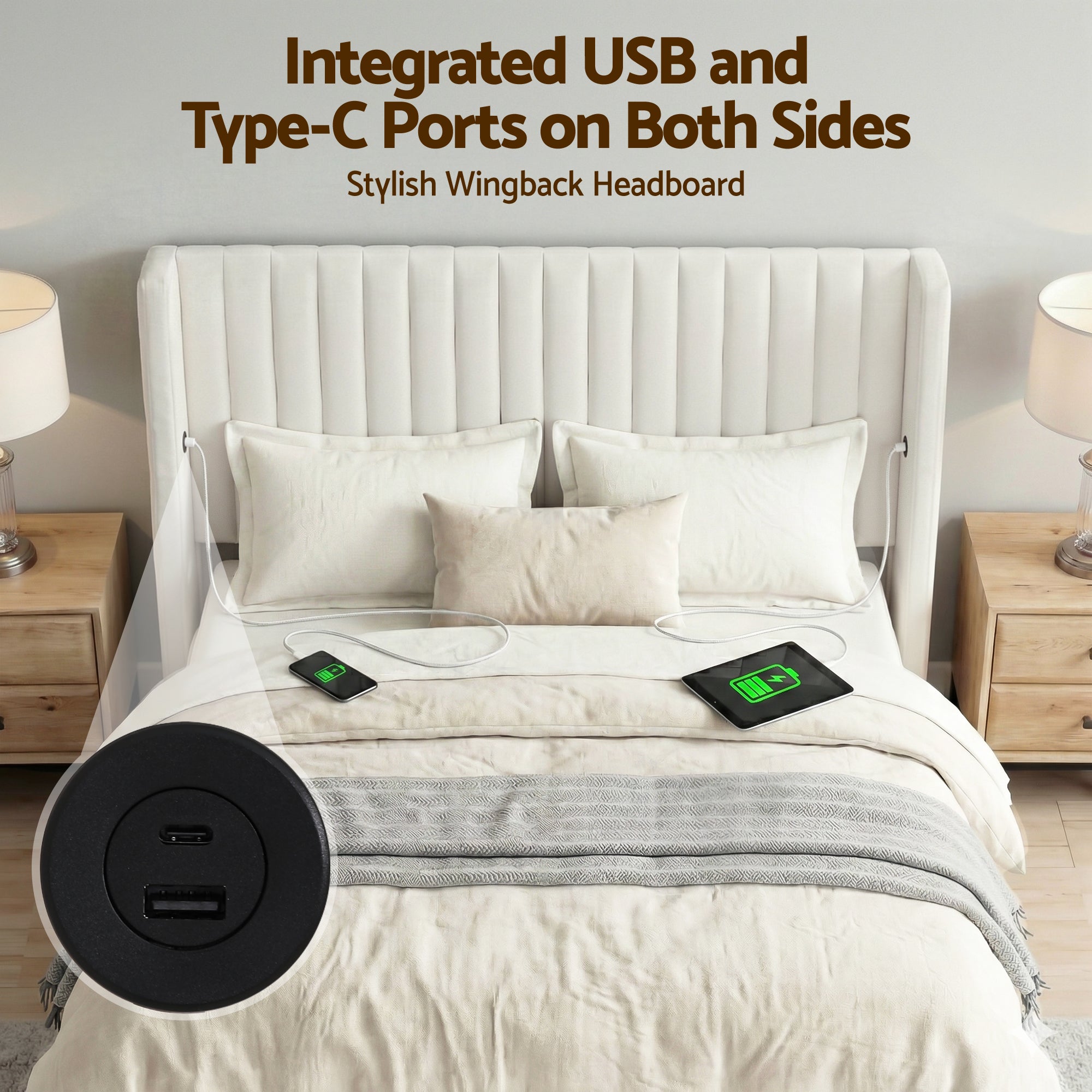 Beds & Bed Frames: Artiss Double Bed Frame with Gaslift Storage USB Type-C Charging Ports Velvet Upholstery White