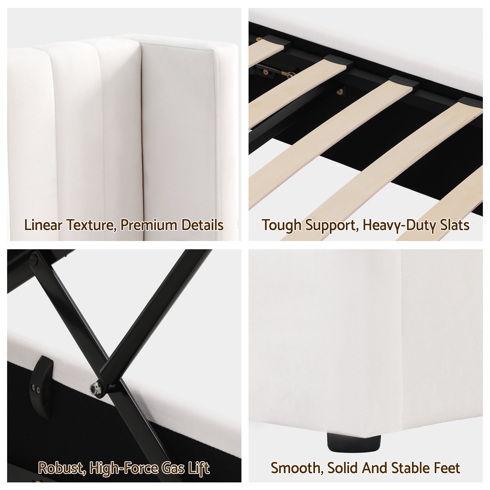 Beds & Bed Frames: Artiss Double Bed Frame with Gaslift Storage USB Type-C Charging Ports Velvet Upholstery White