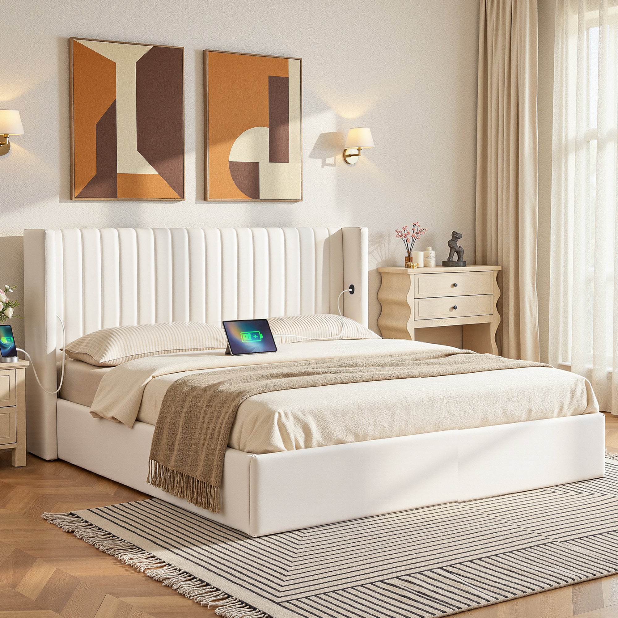 Beds & Bed Frames: Artiss King Bed Frame with Gaslift Storage USB Type-C Charging Ports Velvet Upholstery White