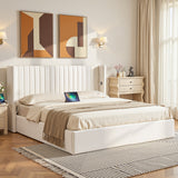 Beds & Bed Frames: Artiss King Bed Frame with Gaslift Storage USB Type-C Charging Ports Velvet Upholstery White