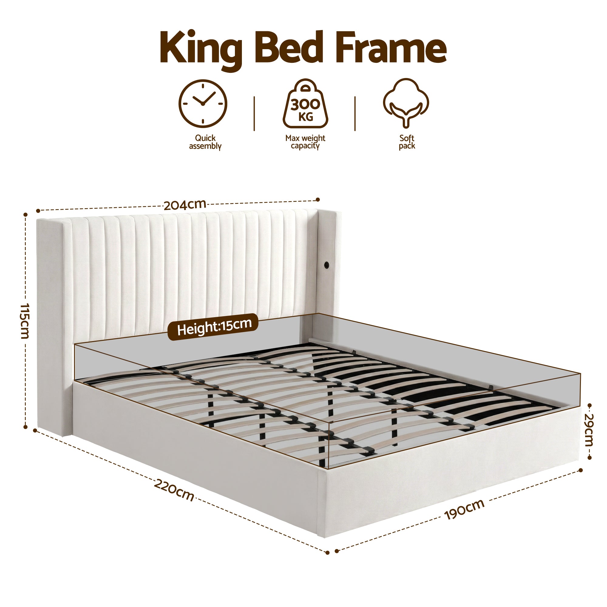 Beds & Bed Frames: Artiss King Bed Frame with Gaslift Storage USB Type-C Charging Ports Velvet Upholstery White