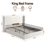Beds & Bed Frames: Artiss King Bed Frame with Gaslift Storage USB Type-C Charging Ports Velvet Upholstery White