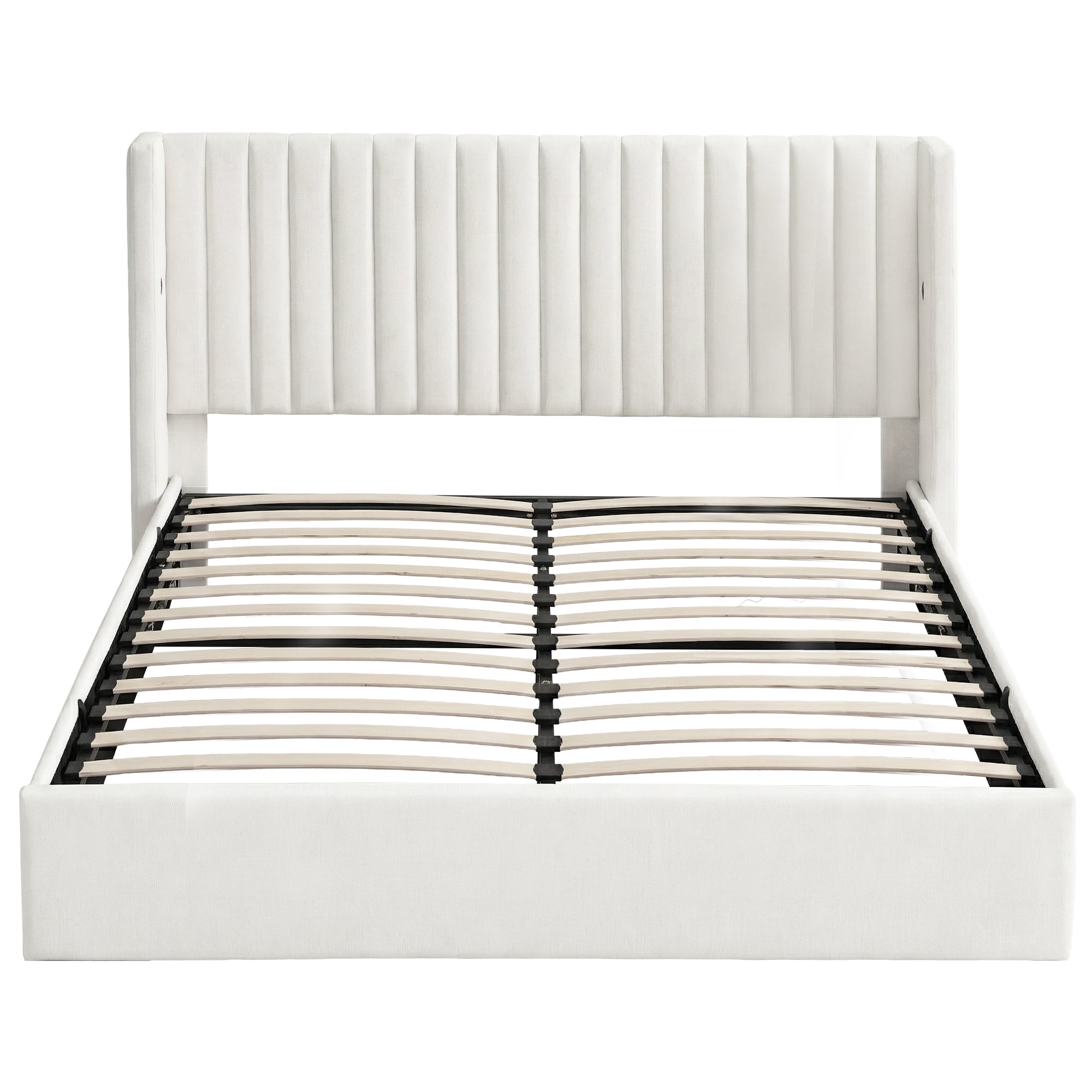 Beds & Bed Frames: Artiss King Bed Frame with Gaslift Storage USB Type-C Charging Ports Velvet Upholstery White
