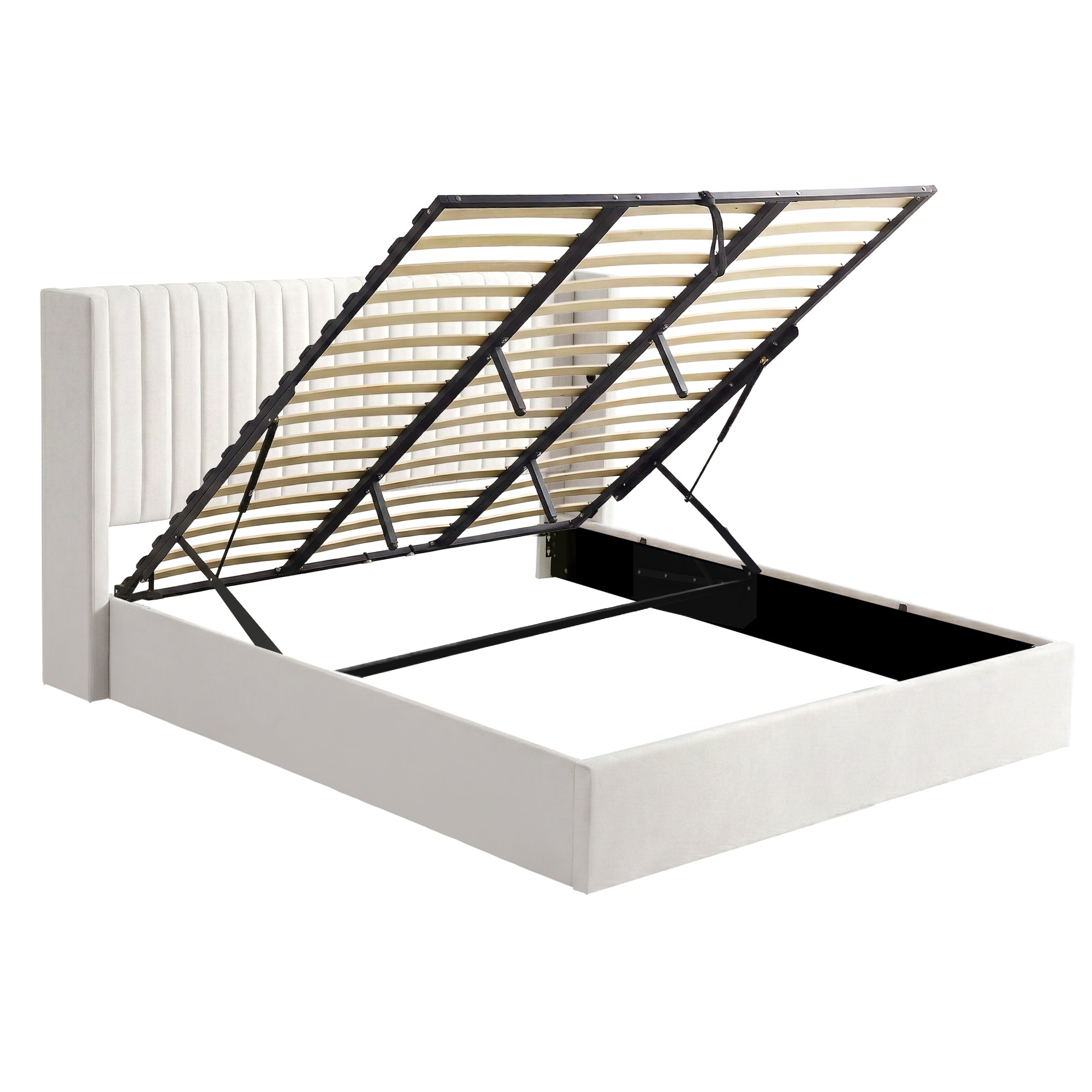 Beds & Bed Frames: Artiss King Bed Frame with Gaslift Storage USB Type-C Charging Ports Velvet Upholstery White