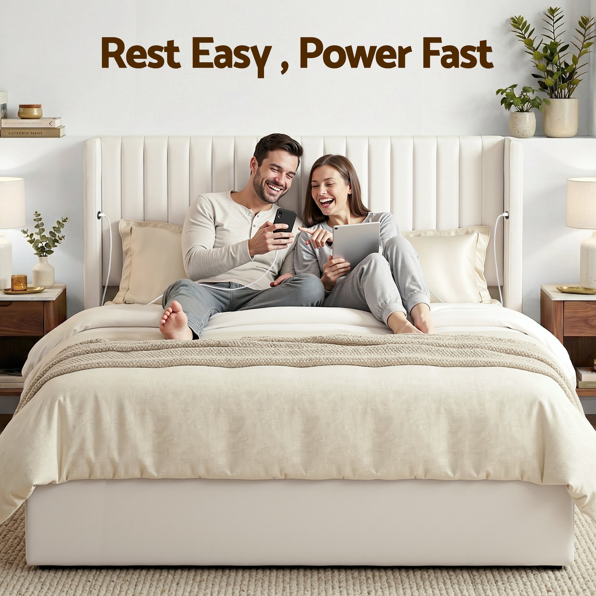Beds & Bed Frames: Artiss King Bed Frame with Gaslift Storage USB Type-C Charging Ports Velvet Upholstery White