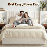 Beds & Bed Frames: Artiss King Bed Frame with Gaslift Storage USB Type-C Charging Ports Velvet Upholstery White