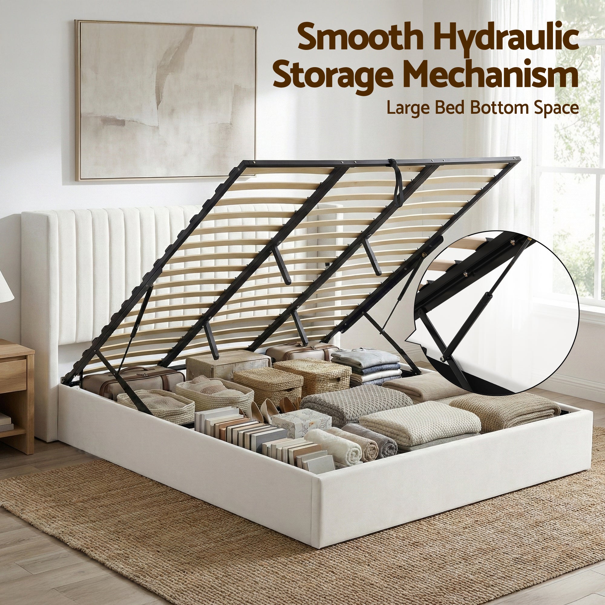 Beds & Bed Frames: Artiss King Bed Frame with Gaslift Storage USB Type-C Charging Ports Velvet Upholstery White
