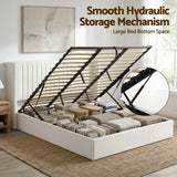 Beds & Bed Frames: Artiss King Bed Frame with Gaslift Storage USB Type-C Charging Ports Velvet Upholstery White