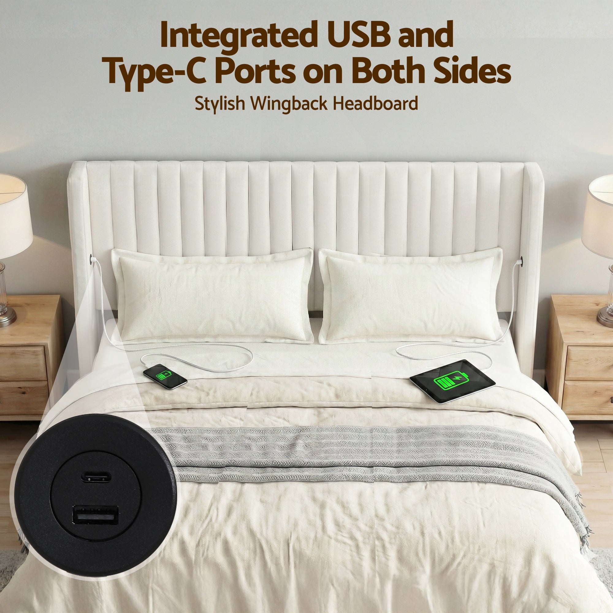 Beds & Bed Frames: Artiss King Bed Frame with Gaslift Storage USB Type-C Charging Ports Velvet Upholstery White