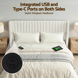 Beds & Bed Frames: Artiss King Bed Frame with Gaslift Storage USB Type-C Charging Ports Velvet Upholstery White