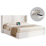 Beds & Bed Frames: Artiss King Bed Frame with Gaslift Storage USB Type-C Charging Ports Velvet Upholstery White