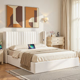 Beds & Bed Frames: Artiss Queen Bed Frame with Gaslift Storage USB Type-C Charging Ports Velvet Upholstery White