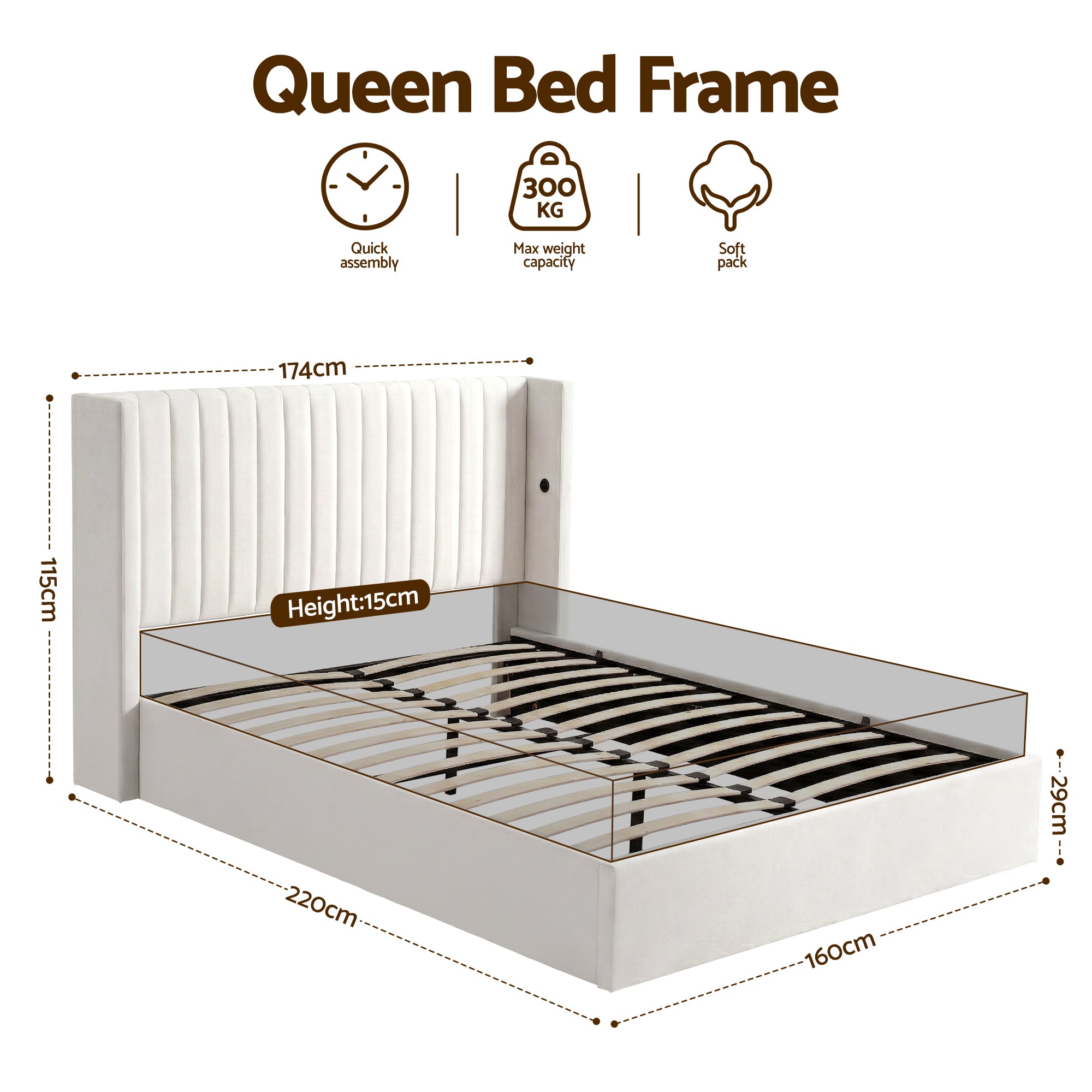 Beds & Bed Frames: Artiss Queen Bed Frame with Gaslift Storage USB Type-C Charging Ports Velvet Upholstery White