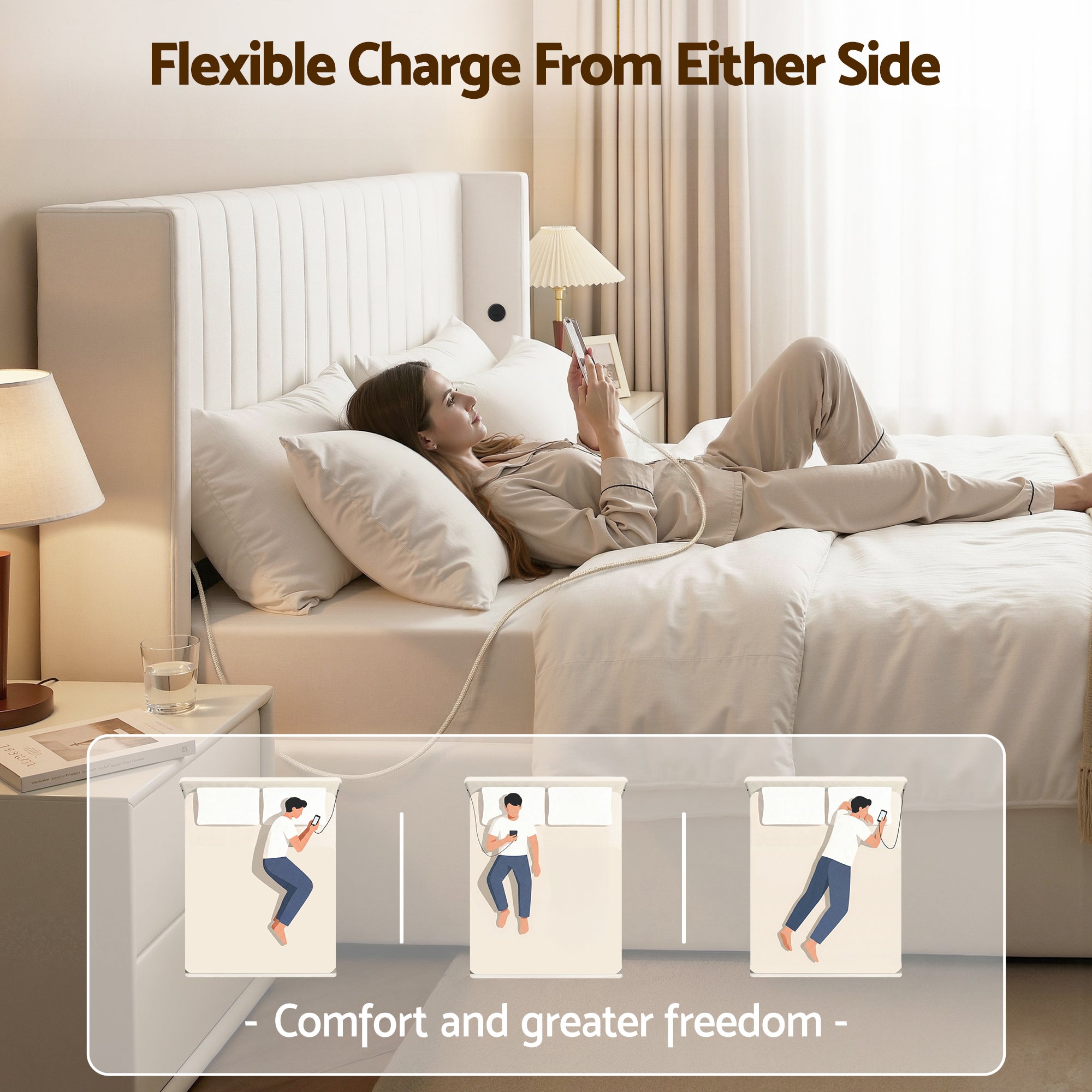 Beds & Bed Frames: Artiss Queen Bed Frame with Gaslift Storage USB Type-C Charging Ports Velvet Upholstery White