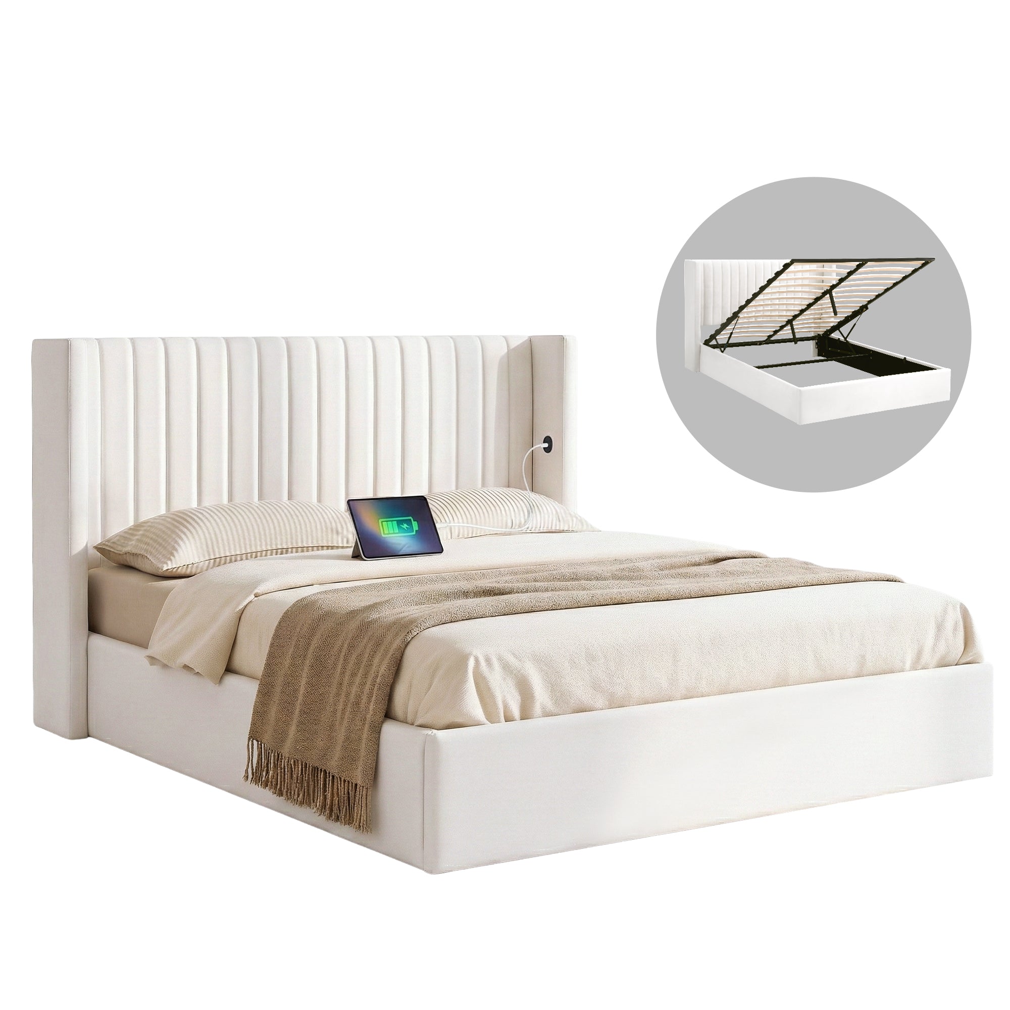 Beds & Bed Frames: Artiss Queen Bed Frame with Gaslift Storage USB Type-C Charging Ports Velvet Upholstery White