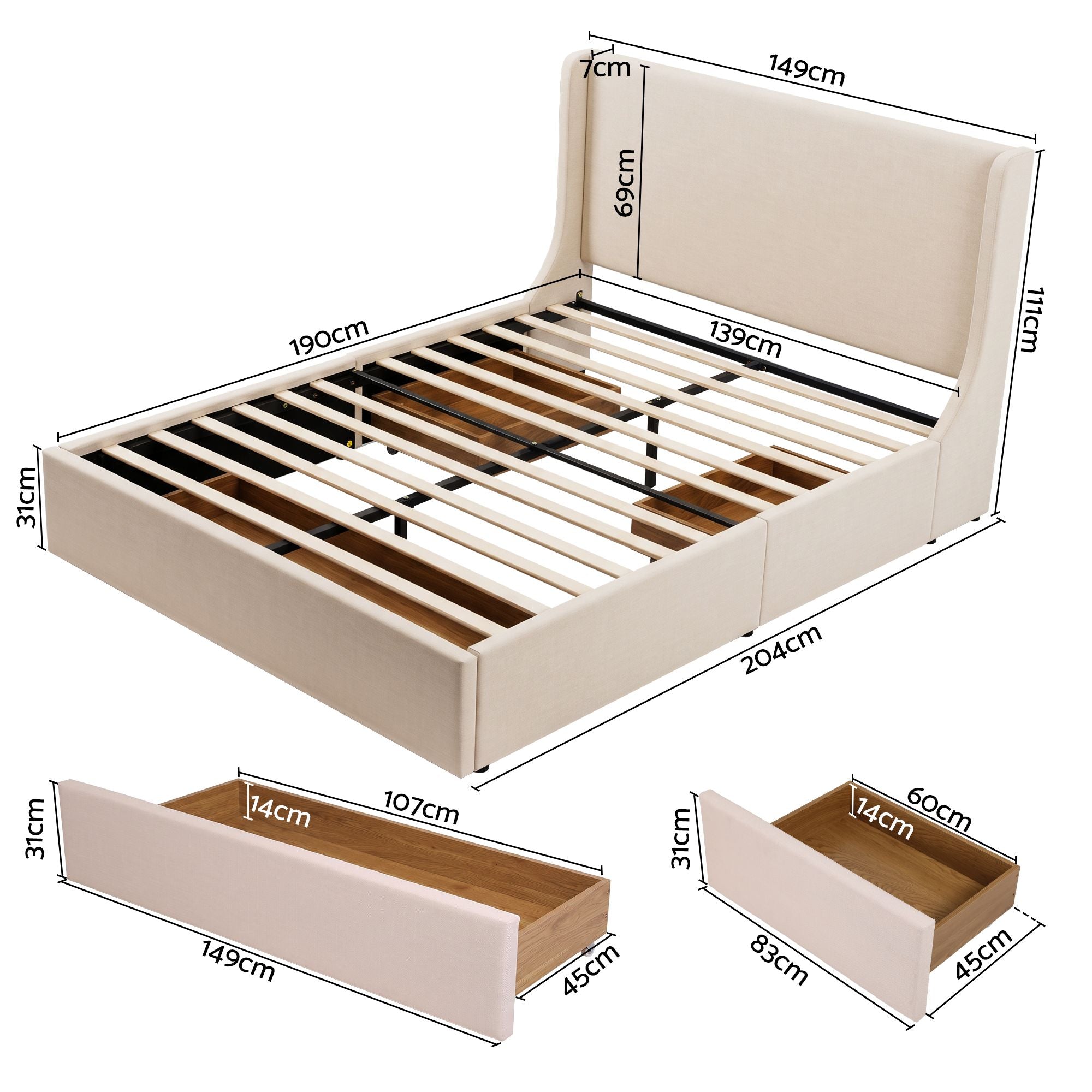 Artiss Double Upholstered Bed Frame with 3 Storage Drawers Wingback Headboard Heavy Duty Metal Platform Base