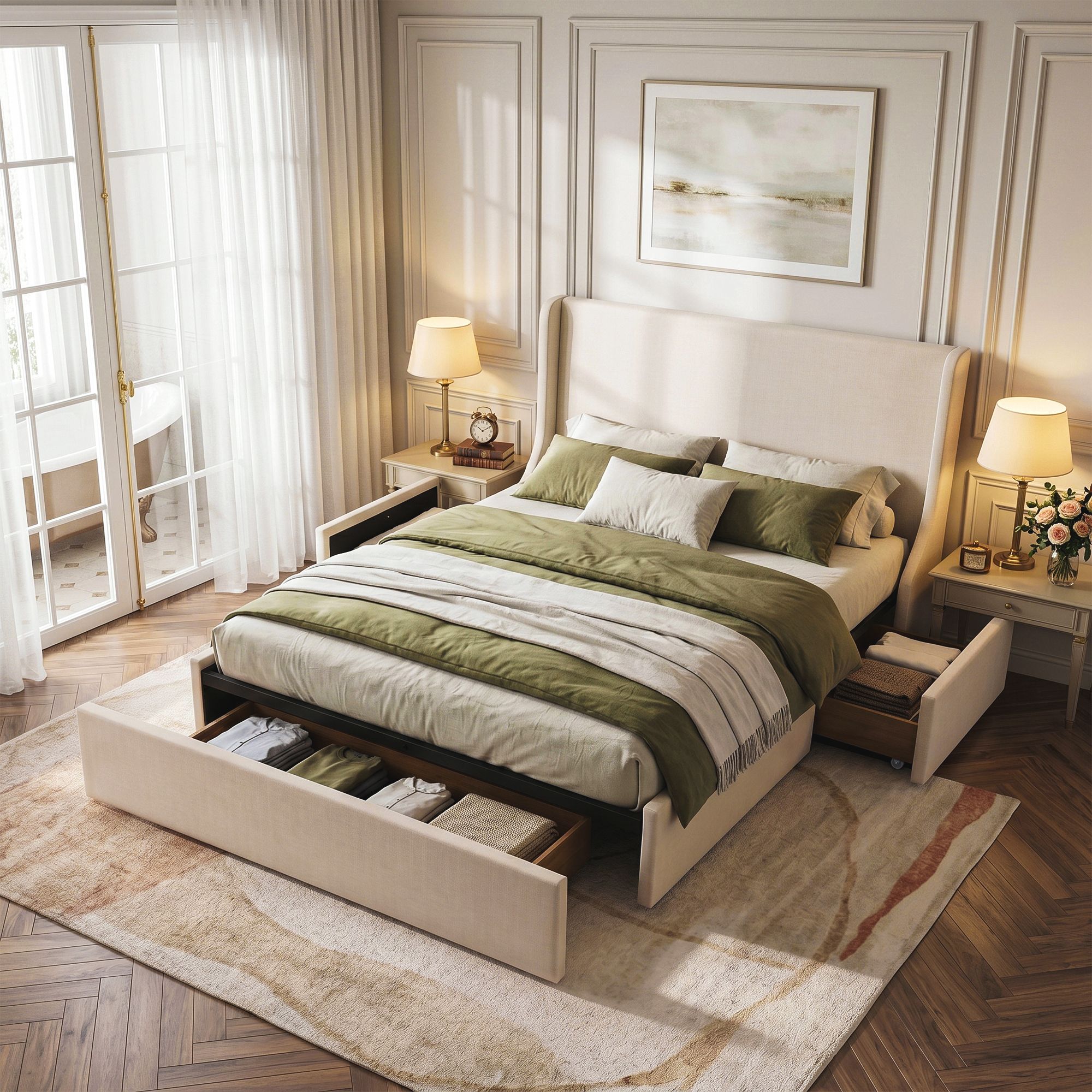 Artiss King Upholstered Bed Frame with 3 Storage Drawers Wingback Headboard Heavy Duty Metal Platform Base
