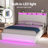 Beds & Bed Frames: Artiss Bed Frame Gas Lift LED Beds Base Platform White PVC Leather Storage Headboard - Double