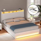 Beds & Bed Frames: Artiss Bed Frame Gas Lift LED Beds Base Platform White PVC Leather Storage Headboard - Double