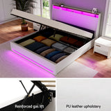 Beds & Bed Frames: Artiss Bed Frame Gas Lift LED Beds Base Platform White PVC Leather Storage Headboard - King