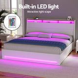 Beds & Bed Frames: Artiss Bed Frame Gas Lift LED Beds Base Platform White PVC Leather Storage Headboard - King