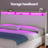 Beds & Bed Frames: Artiss Bed Frame Gas Lift LED Beds Base Platform White PVC Leather Storage Headboard - King