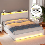 Beds & Bed Frames: Artiss Bed Frame Gas Lift LED Beds Base Platform White PVC Leather Storage Headboard - King