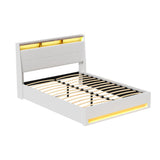 Beds & Bed Frames: Artiss Bed Frame Gas Lift LED Beds Base Platform White PVC Leather Storage Headboard - Queen
