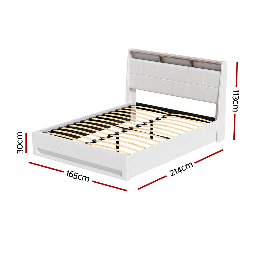 Artiss Bed Frame Gas Lift LED Beds Base Platform White PVC Leather Storage Headboard - Queen