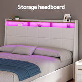 Beds & Bed Frames: Artiss Bed Frame Gas Lift LED Beds Base Platform White PVC Leather Storage Headboard - Queen