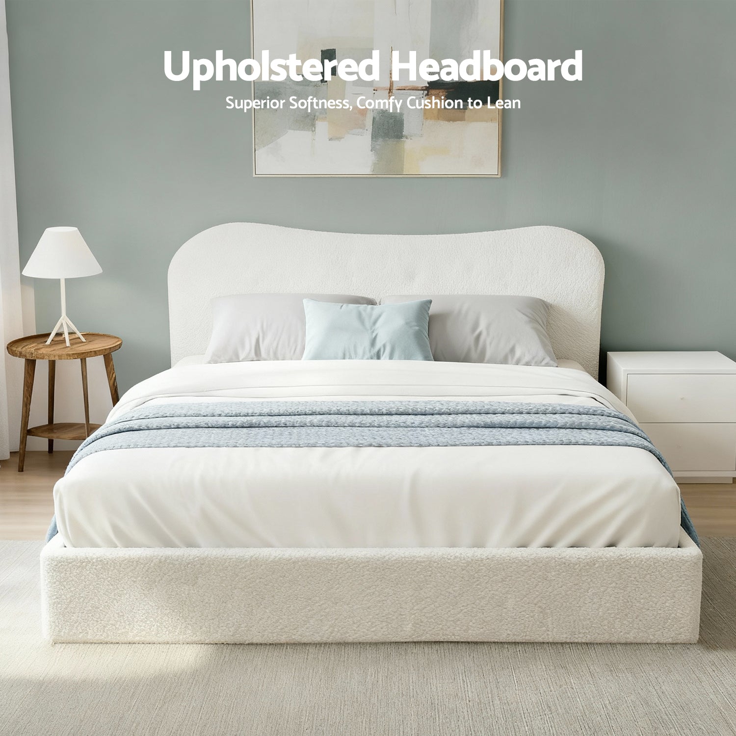 Beds & Bed Frames: Artiss Double Bed Frame with Gaslift Storage Wooden Platform Mattress Base Boucle Upholstered White