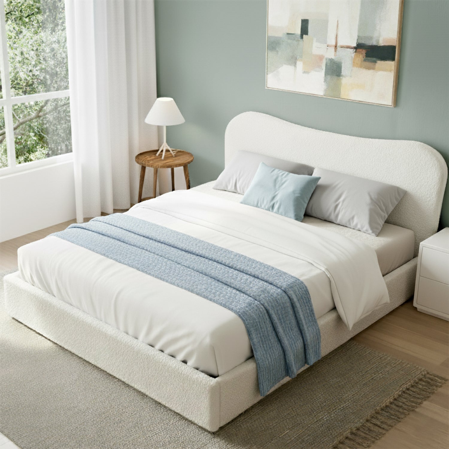 Beds & Bed Frames: Artiss Queen Bed Frame with Gaslift Storage Wooden Platform Mattress Base Boucle Upholstered White