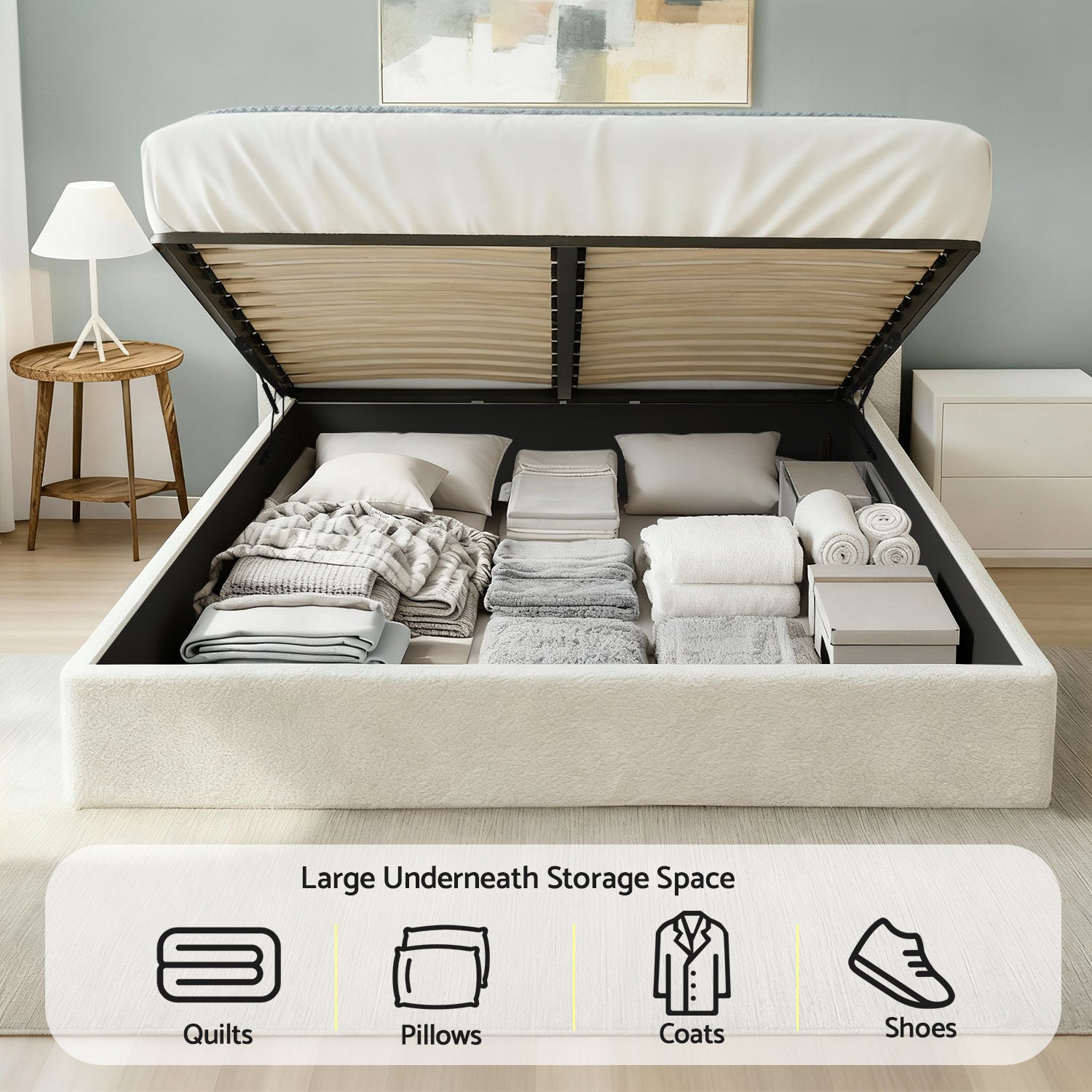 Beds & Bed Frames: Artiss Queen Bed Frame with Gaslift Storage Wooden Platform Mattress Base Boucle Upholstered White