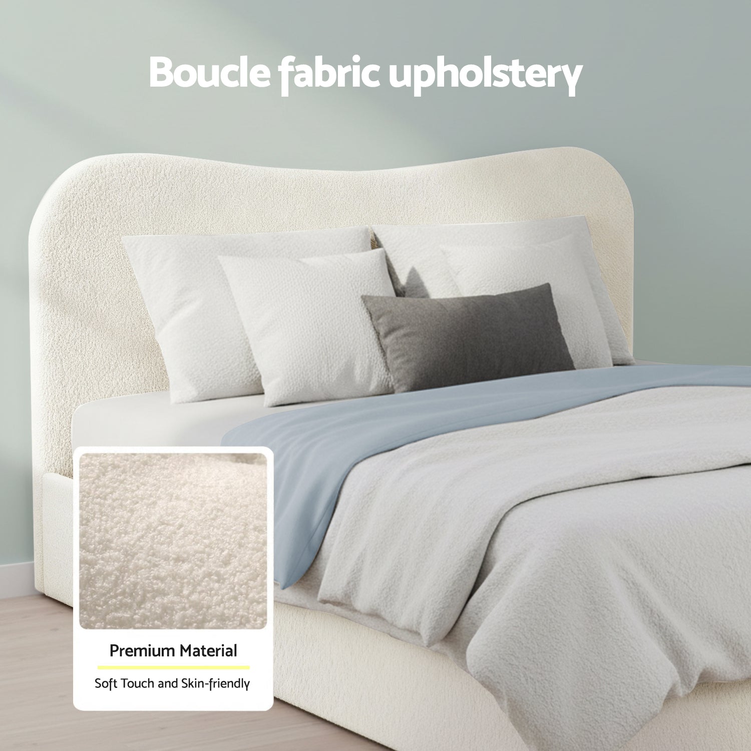 Beds & Bed Frames: Artiss Queen Bed Frame with Gaslift Storage Wooden Platform Mattress Base Boucle Upholstered White