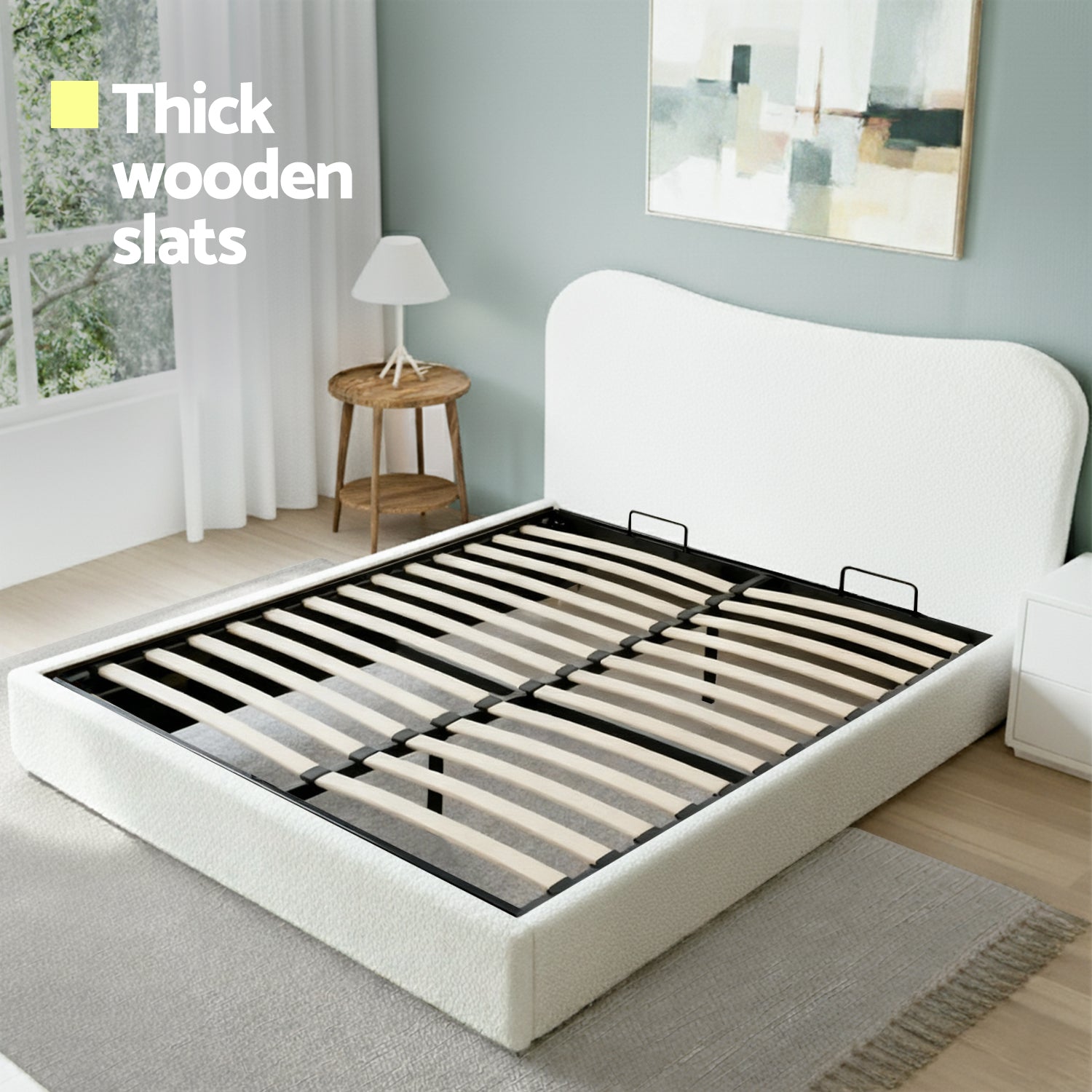 Beds & Bed Frames: Artiss Queen Bed Frame with Gaslift Storage Wooden Platform Mattress Base Boucle Upholstered White