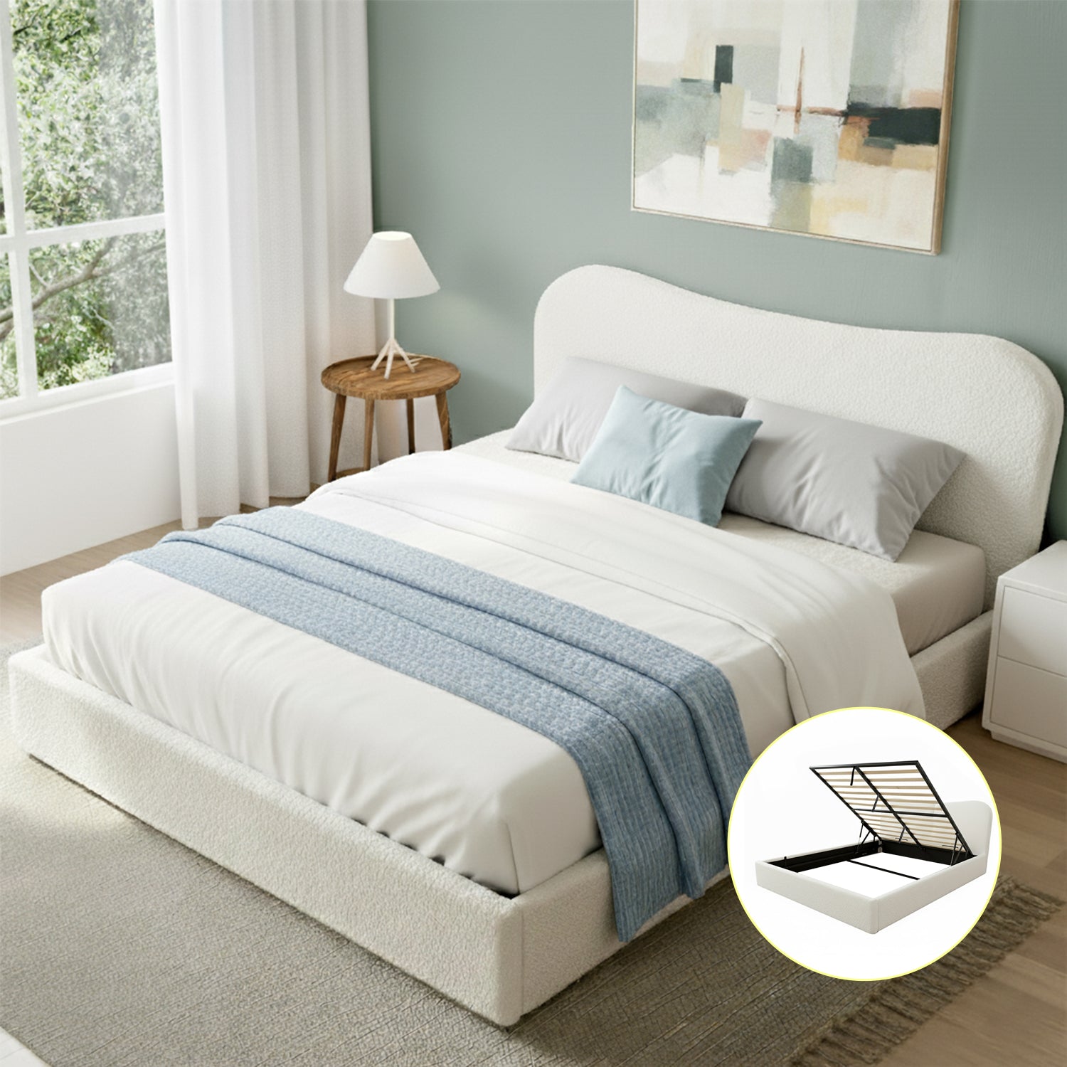 Beds & Bed Frames: Artiss Queen Bed Frame with Gaslift Storage Wooden Platform Mattress Base Boucle Upholstered White