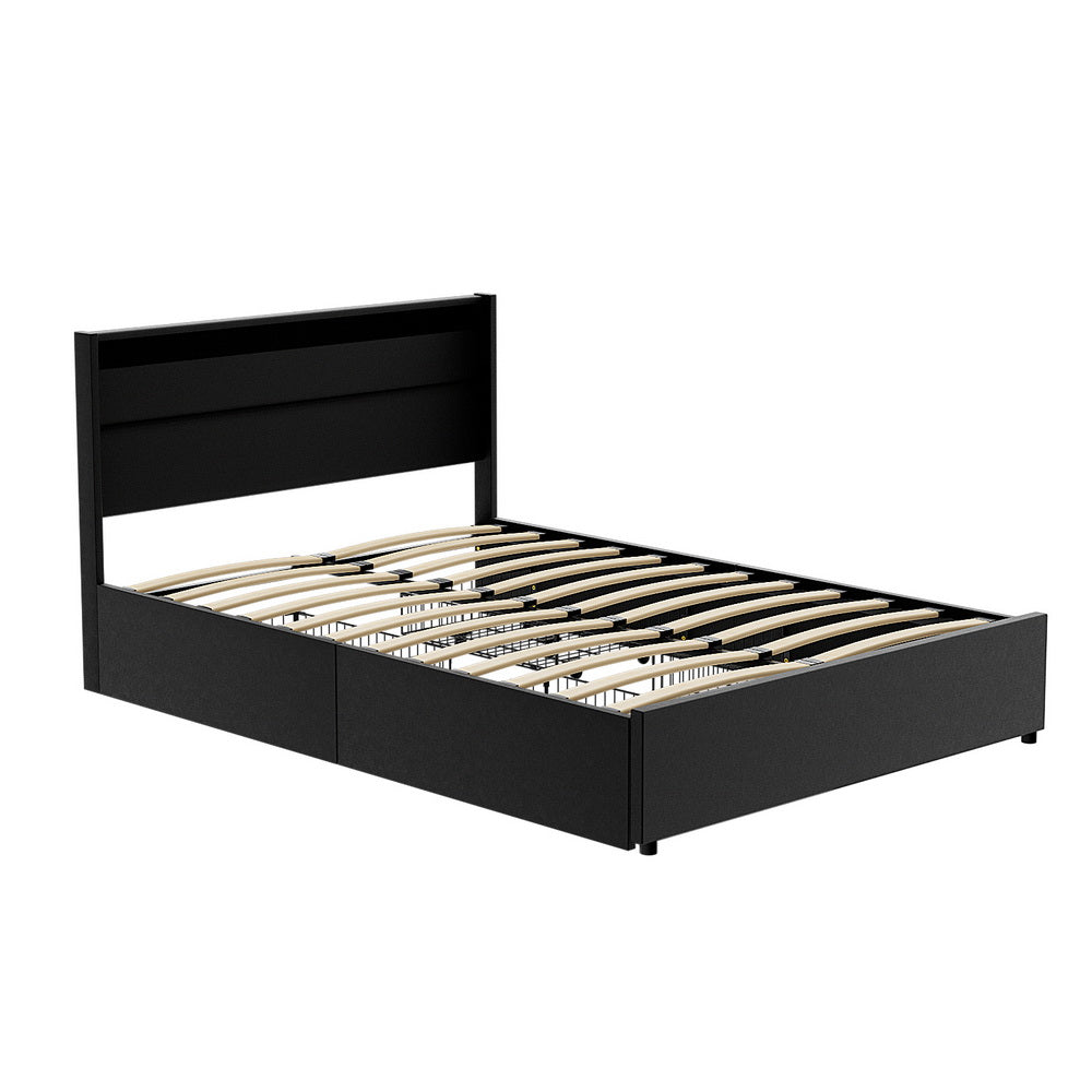 Beds & Bed Frames: Artiss Bed Frame Double Size LED with 4 Drawers Black DUNN